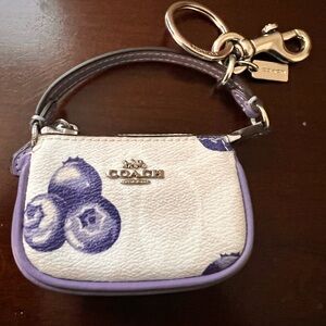 Coach White Mini Pouch Keychain with Lavender Trim and Blueberry Print NWOT